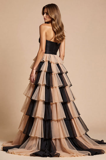 Black and Pink Tulle Ball Gown Ruffled Long Formal Dress with Slit